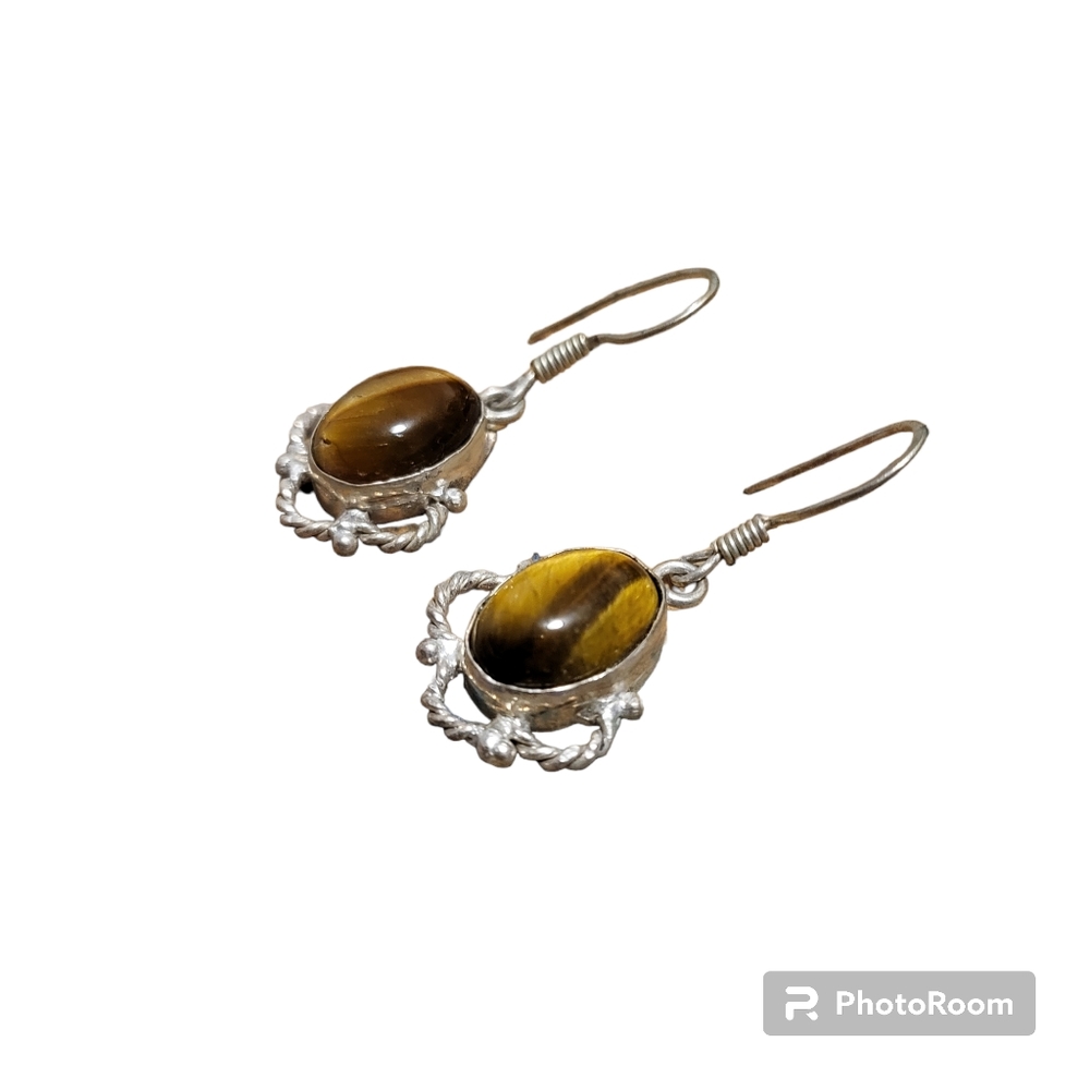 Vintage silver and brown tiger eye stone dangle earrings with earwire cl… - Picture 3 of 4
